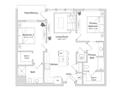 Floor plan for 2 beds, 2 baths, 943 sqft